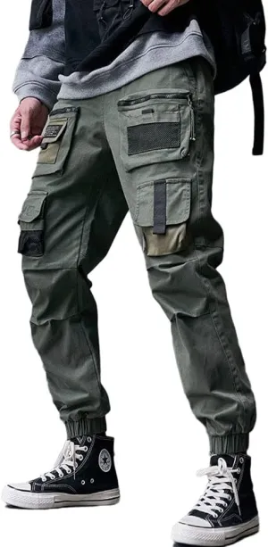 Astellarie Mens Streetwear Hip Hop Punk Loose Fit Elastic Waist Cargo Jogger Pants with Multi Pockets