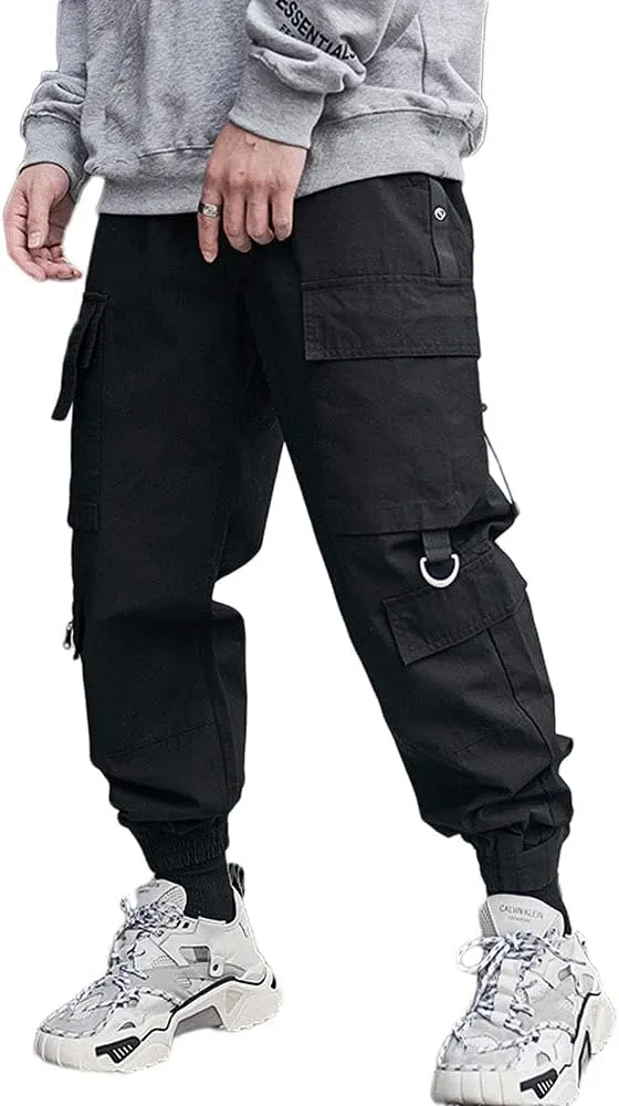 Astellarie Mens Streetwear Hip Hop Punk Loose Fit Elastic Waist Cargo Jogger Pants with Multi Pockets