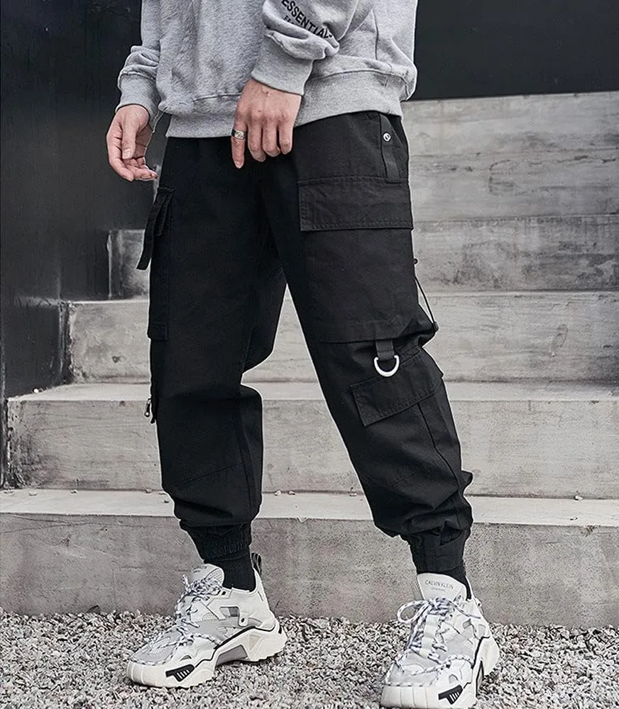 Astellarie Mens Streetwear Hip Hop Punk Loose Fit Elastic Waist Cargo Jogger Pants with Multi Pockets