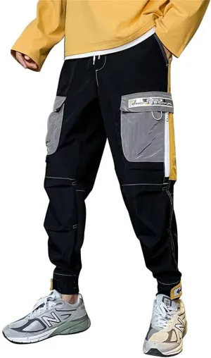 Astellarie Mens Streetwear Hip Hop Punk Loose Fit Elastic Waist Cargo Jogger Pants with Multi Pockets