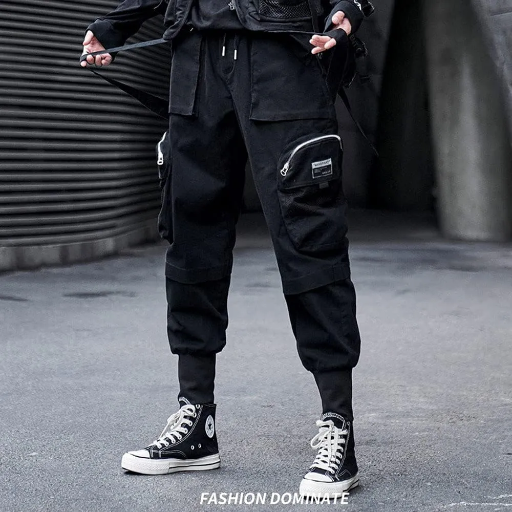 Astellarie Mens Streetwear Hip Hop Punk Loose Fit Elastic Waist Cargo Jogger Pants with Multi Pockets