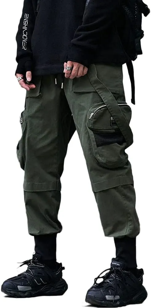 Astellarie Mens Streetwear Hip Hop Punk Loose Fit Elastic Waist Cargo Jogger Pants with Multi Pockets