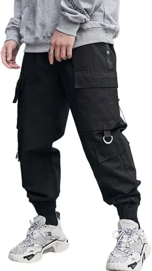 Astellarie Mens Streetwear Hip Hop Punk Loose Fit Elastic Waist Cargo Jogger Pants with Multi Pockets