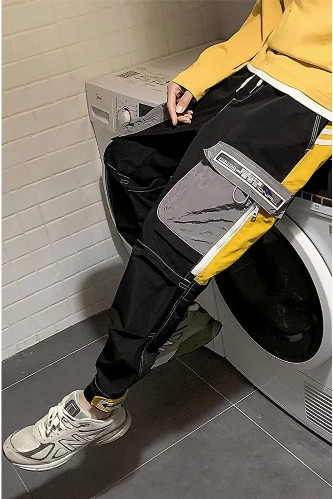 Astellarie Mens Streetwear Hip Hop Punk Loose Fit Elastic Waist Cargo Jogger Pants with Multi Pockets