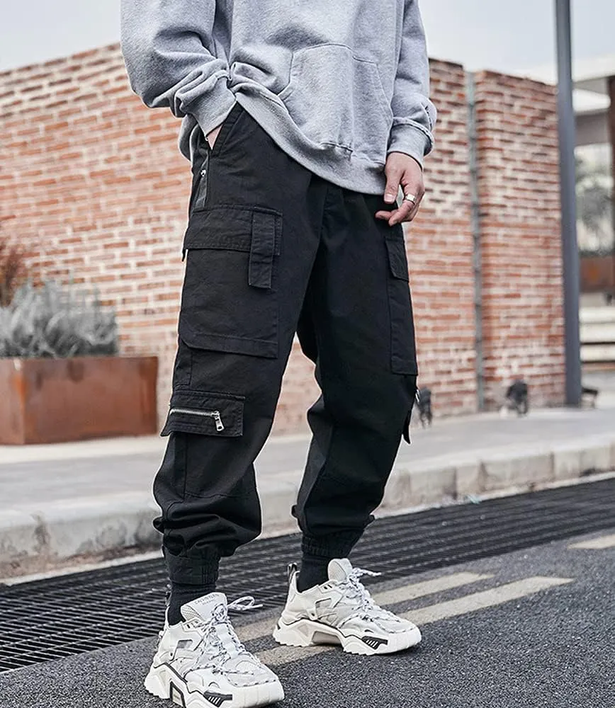 Astellarie Mens Streetwear Hip Hop Punk Loose Fit Elastic Waist Cargo Jogger Pants with Multi Pockets