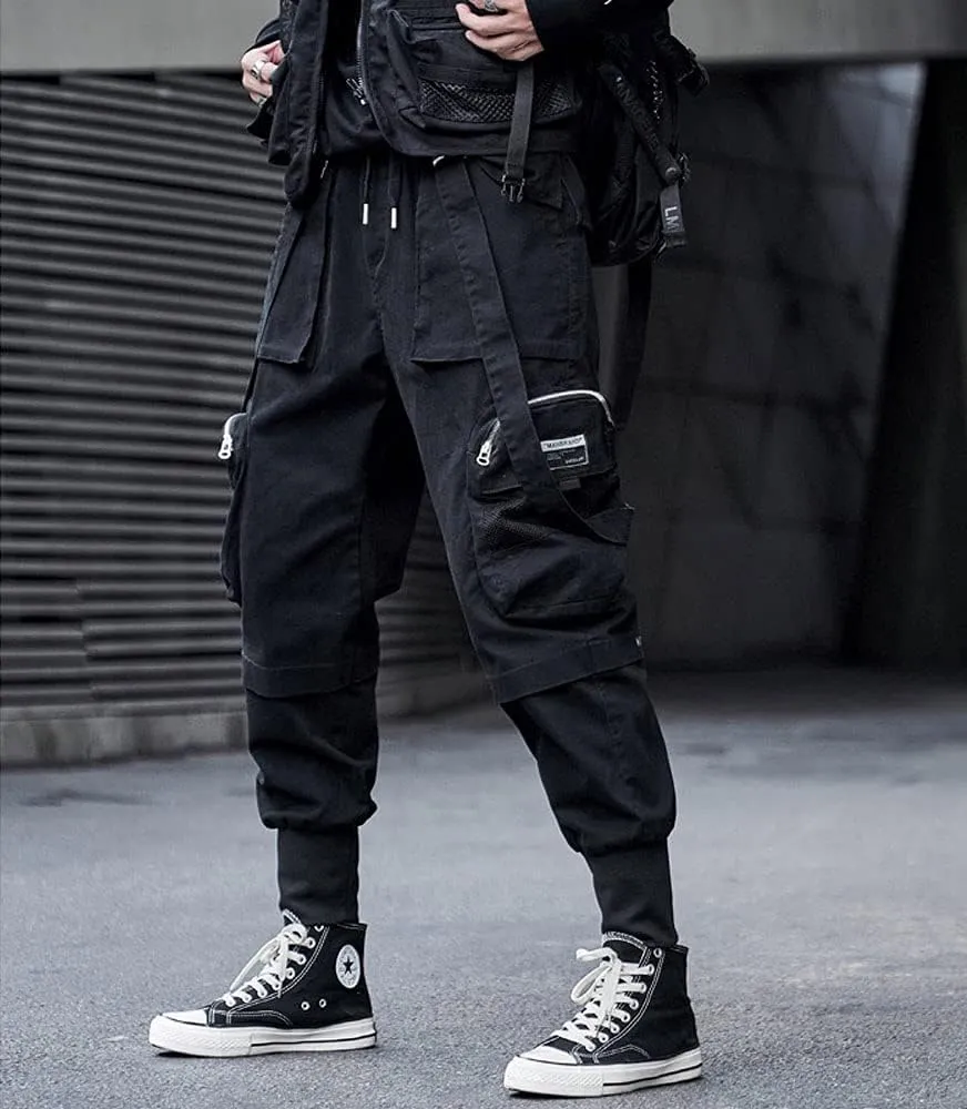 Astellarie Mens Streetwear Hip Hop Punk Loose Fit Elastic Waist Cargo Jogger Pants with Multi Pockets