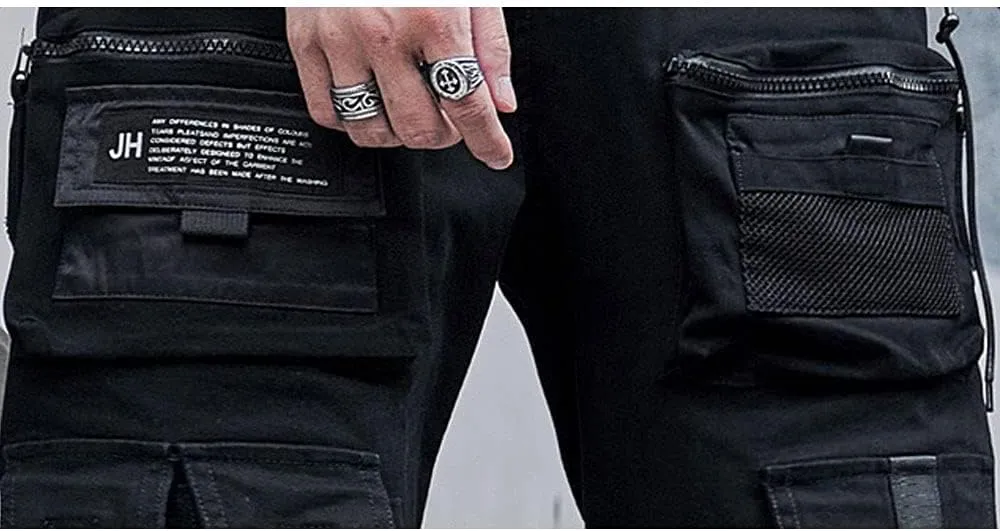 Astellarie Mens Streetwear Hip Hop Punk Loose Fit Elastic Waist Cargo Jogger Pants with Multi Pockets