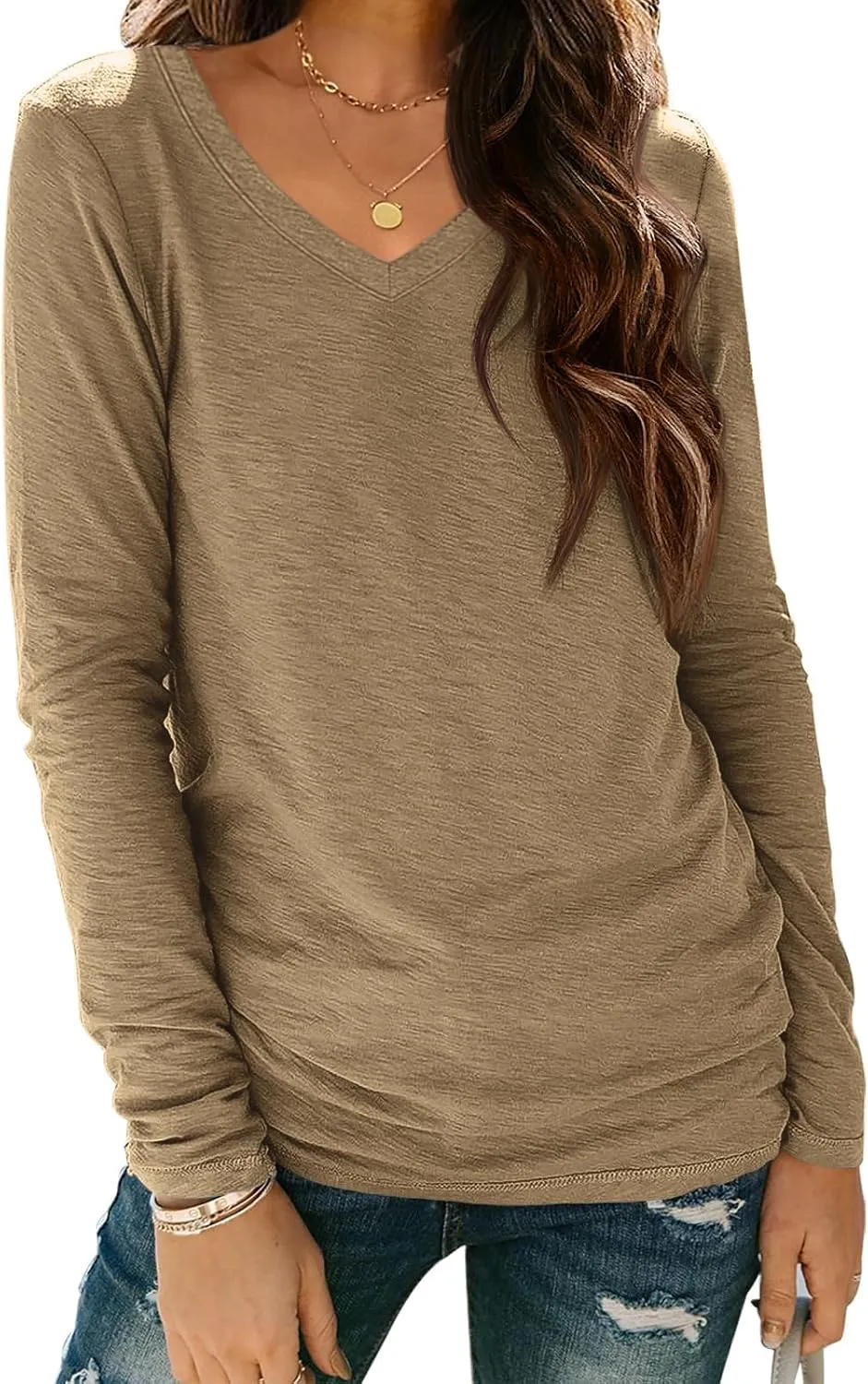 ATHMILE Womens Long Sleeve V Neck Shirts Basic Tee Casual Top Fall Trendy Tunic Outfits Fitted T Shirts