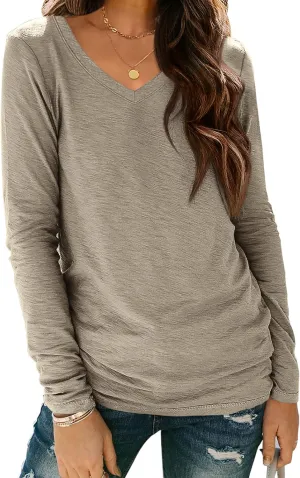 ATHMILE Womens Long Sleeve V Neck Shirts Basic Tee Casual Top Fall Trendy Tunic Outfits Fitted T Shirts