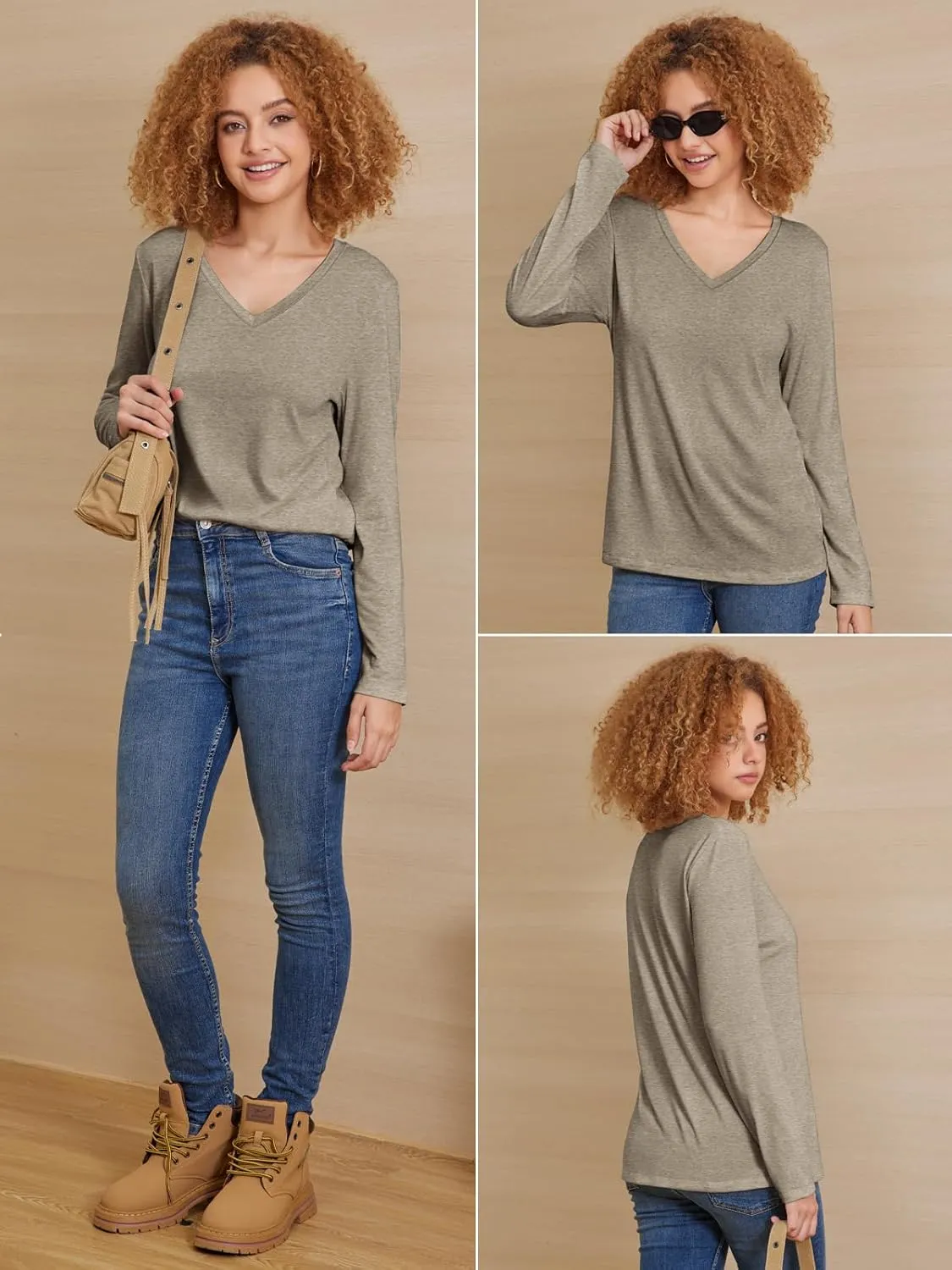 ATHMILE Womens Long Sleeve V Neck Shirts Basic Tee Casual Top Fall Trendy Tunic Outfits Fitted T Shirts