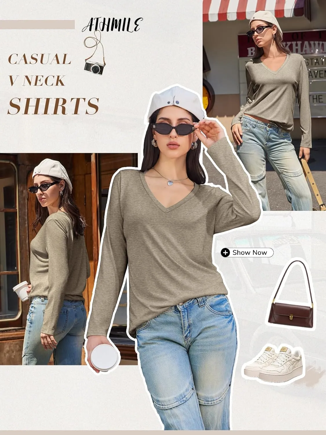 ATHMILE Womens Long Sleeve V Neck Shirts Basic Tee Casual Top Fall Trendy Tunic Outfits Fitted T Shirts
