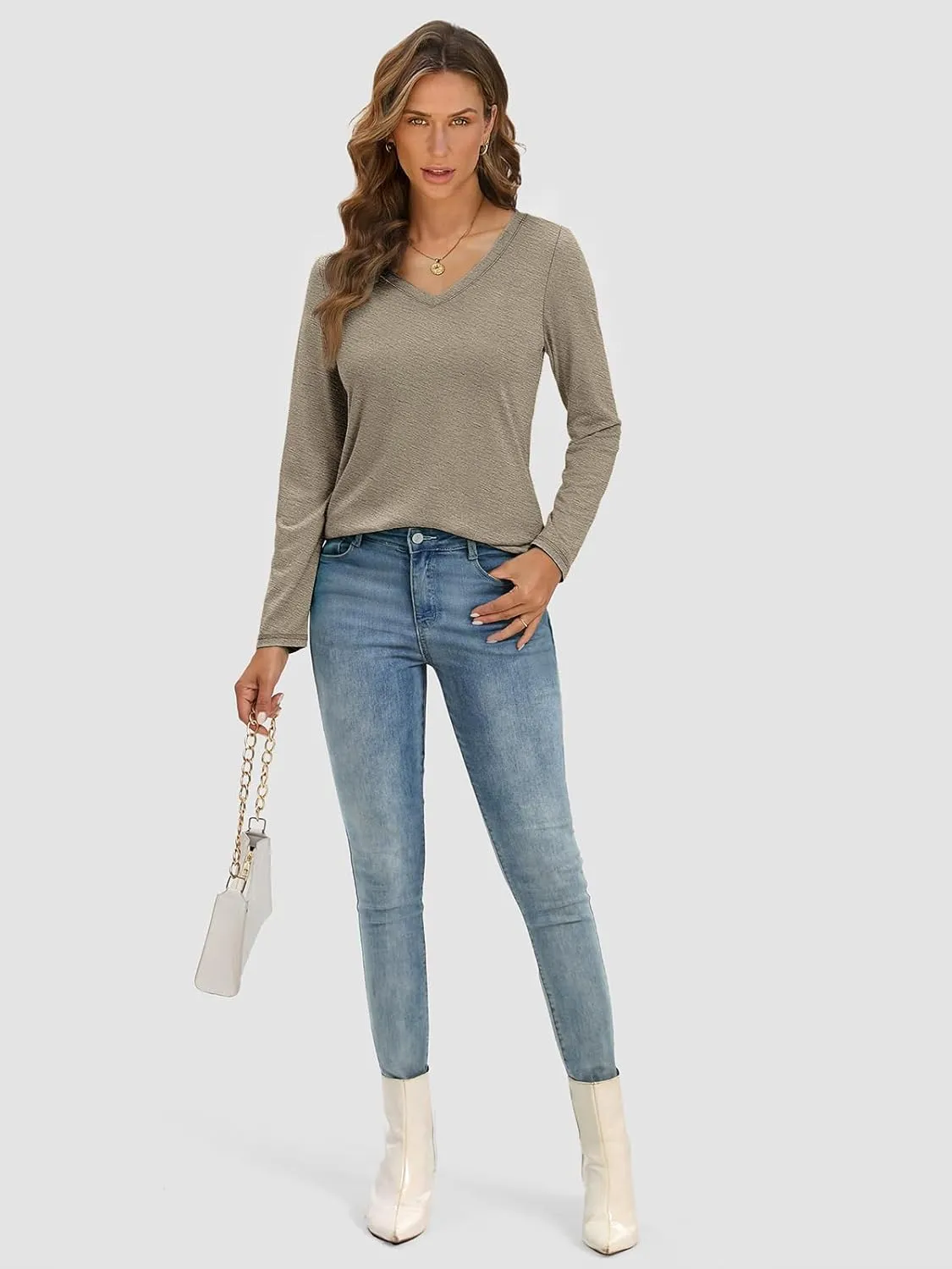 ATHMILE Womens Long Sleeve V Neck Shirts Basic Tee Casual Top Fall Trendy Tunic Outfits Fitted T Shirts