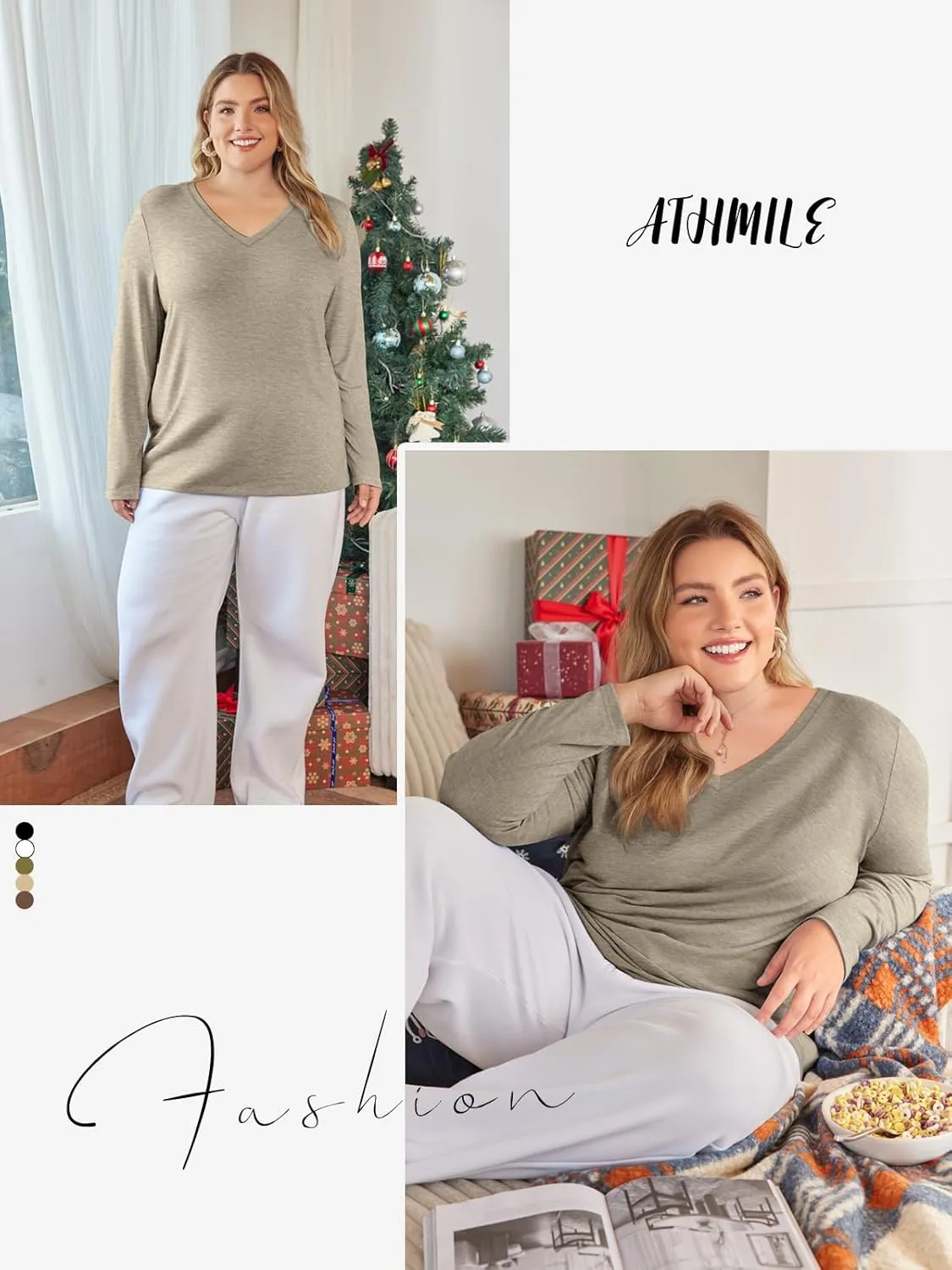 ATHMILE Womens Long Sleeve V Neck Shirts Basic Tee Casual Top Fall Trendy Tunic Outfits Fitted T Shirts