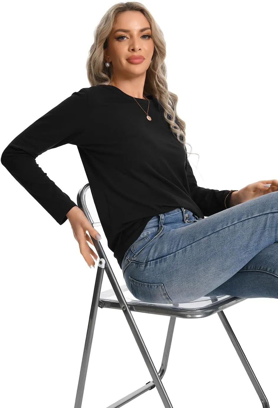 Auriviz Womens Long Sleeve Shirts Crew Neck Basic Tee Fall Trendy Cotton Tops Loose Fitted T Shirts Blouses