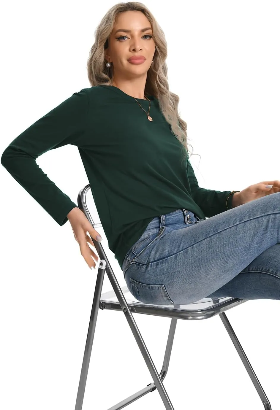 Auriviz Womens Long Sleeve Shirts Crew Neck Basic Tee Fall Trendy Cotton Tops Loose Fitted T Shirts Blouses