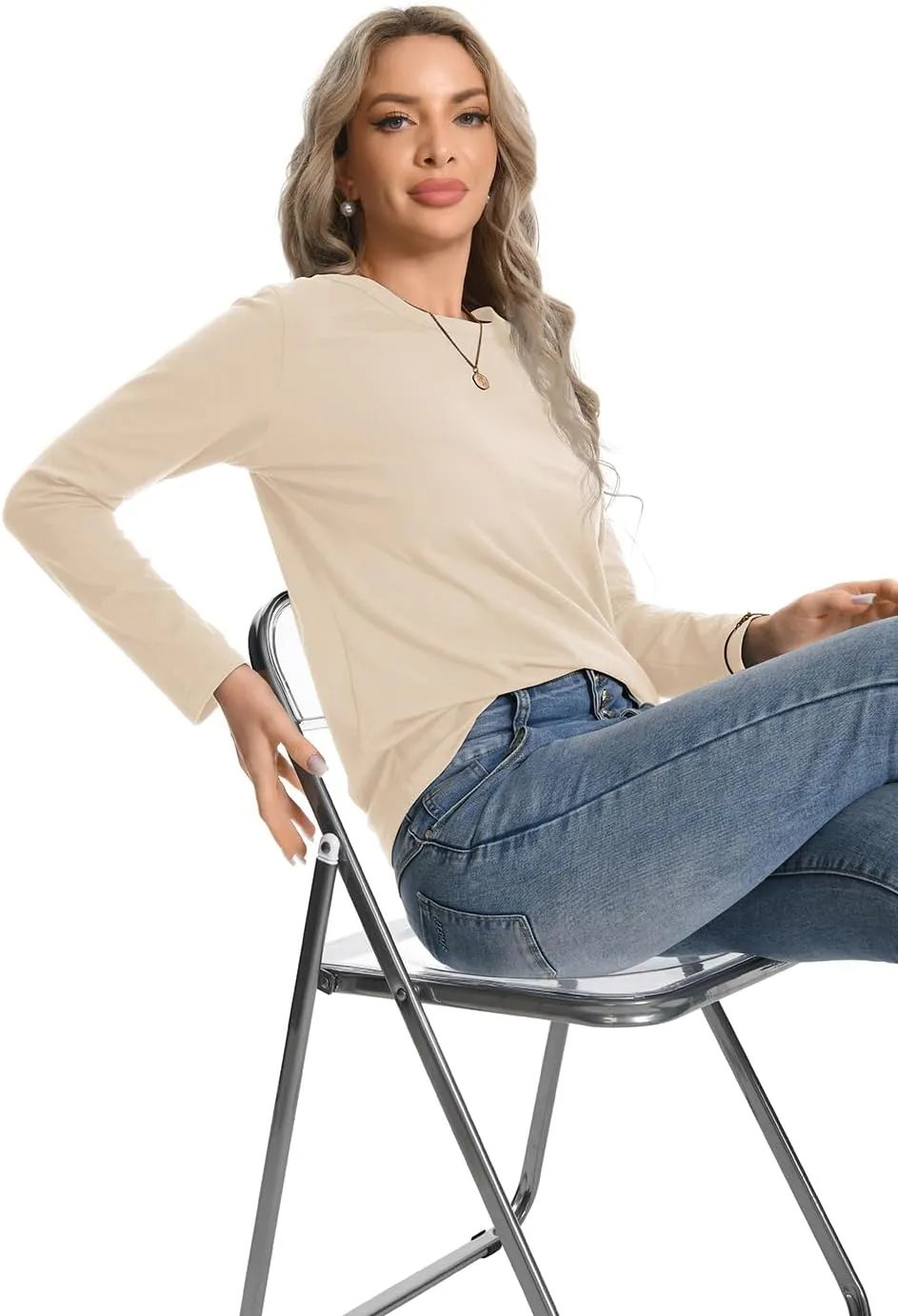 Auriviz Womens Long Sleeve Shirts Crew Neck Basic Tee Fall Trendy Cotton Tops Loose Fitted T Shirts Blouses