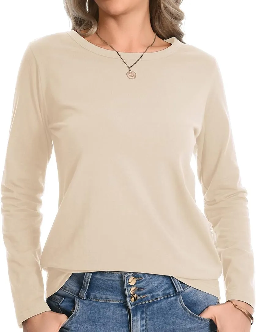 Auriviz Womens Long Sleeve Shirts Crew Neck Basic Tee Fall Trendy Cotton Tops Loose Fitted T Shirts Blouses