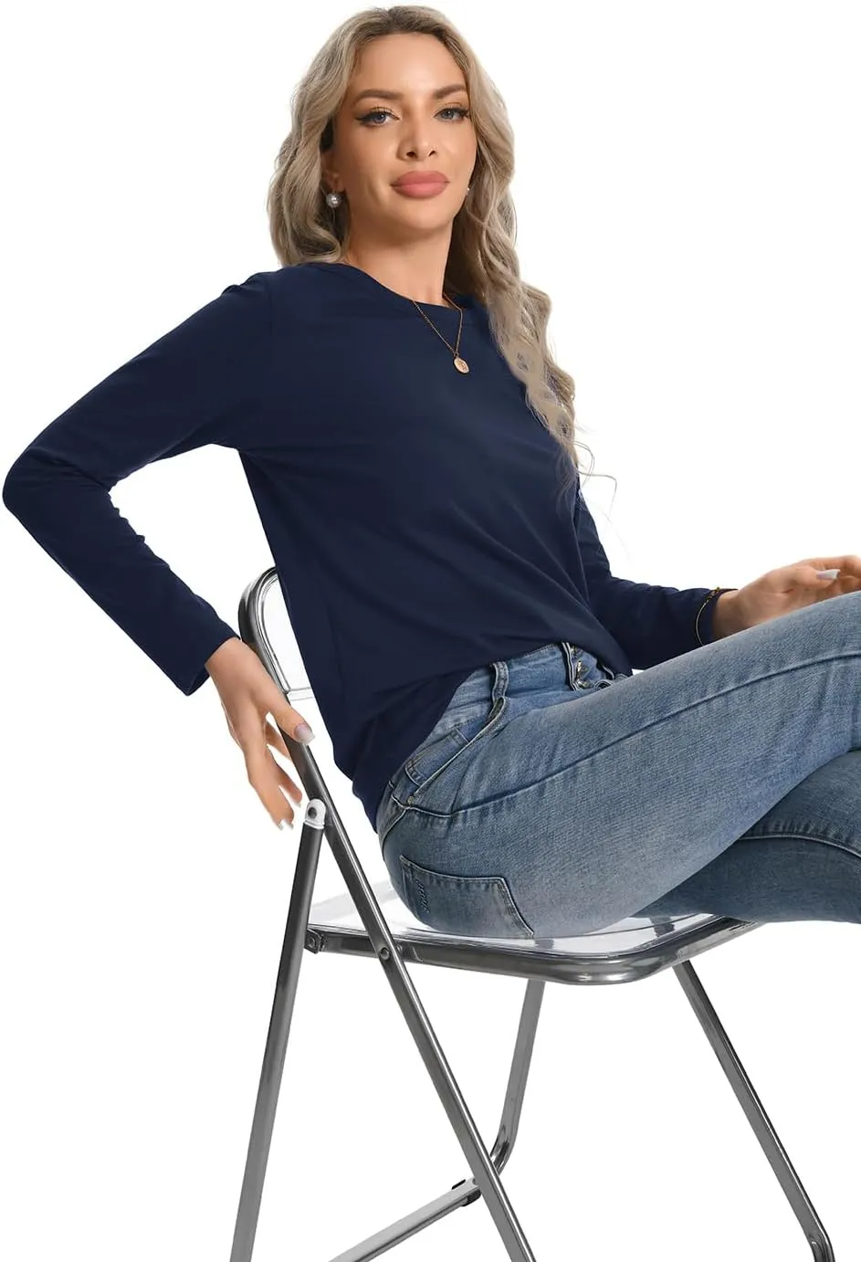 Auriviz Womens Long Sleeve Shirts Crew Neck Basic Tee Fall Trendy Cotton Tops Loose Fitted T Shirts Blouses