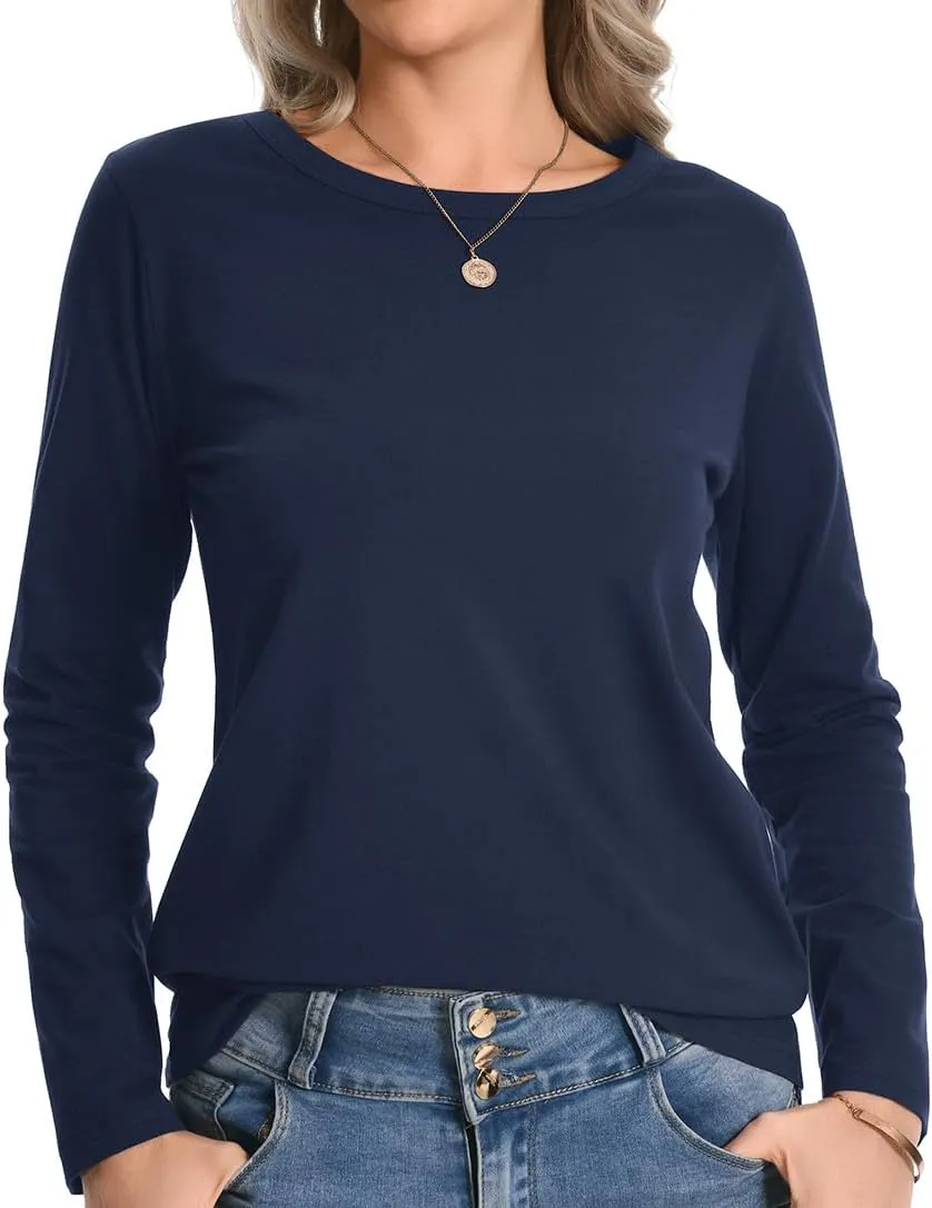 Auriviz Womens Long Sleeve Shirts Crew Neck Basic Tee Fall Trendy Cotton Tops Loose Fitted T Shirts Blouses
