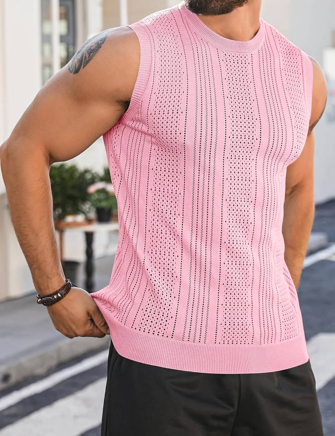 Babioboa Men's Knitted Tank Tops Casual Hollow Out Sleeveless T Shirts Beach Cut Off Summer Boho Tee