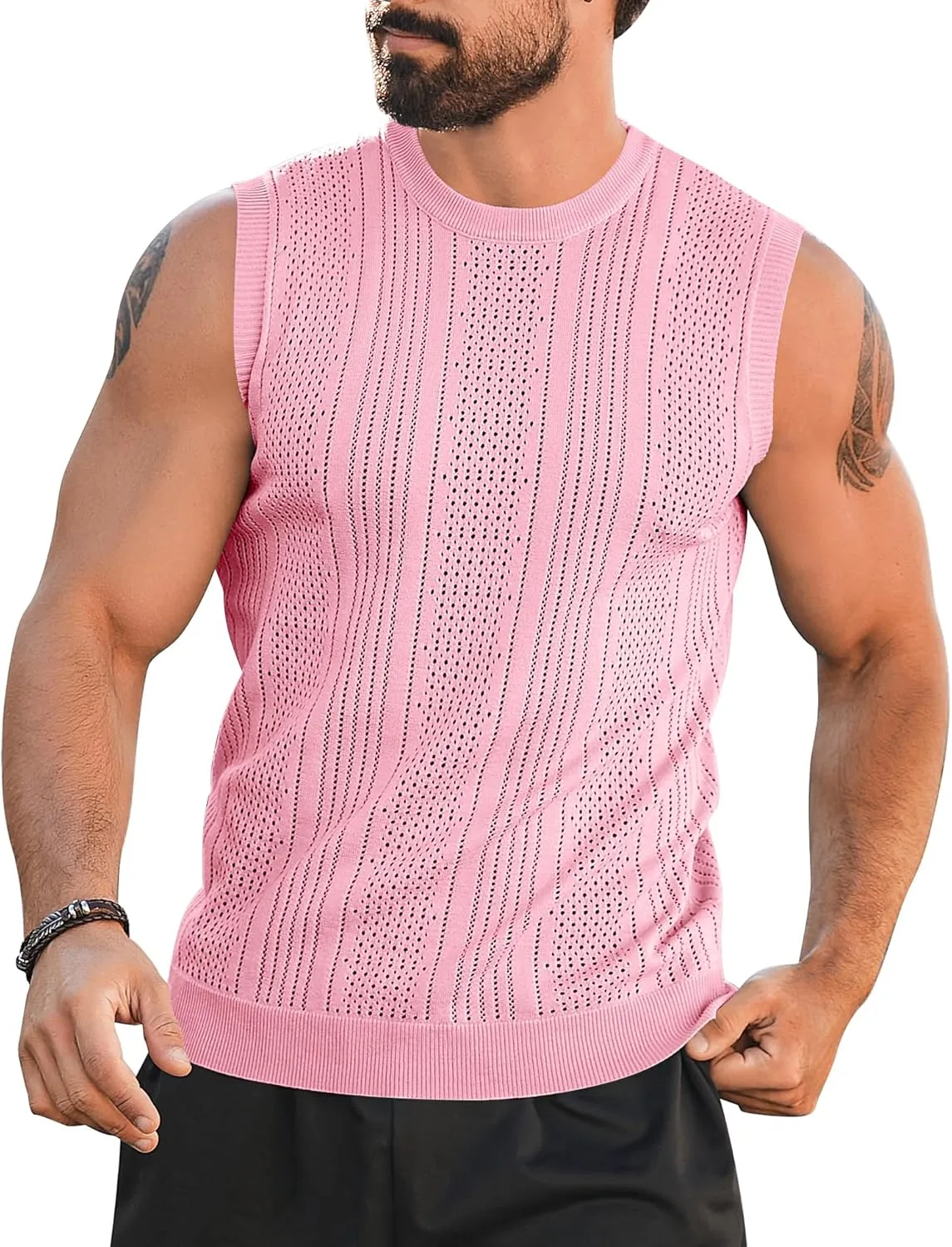 Babioboa Men's Knitted Tank Tops Casual Hollow Out Sleeveless T Shirts Beach Cut Off Summer Boho Tee