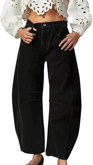 Barrel Jeans for Women Mid Rise Cropped Pants Wide Leg Cheetah Print Boyfriend Jeans Trendy Straight Leg Pants