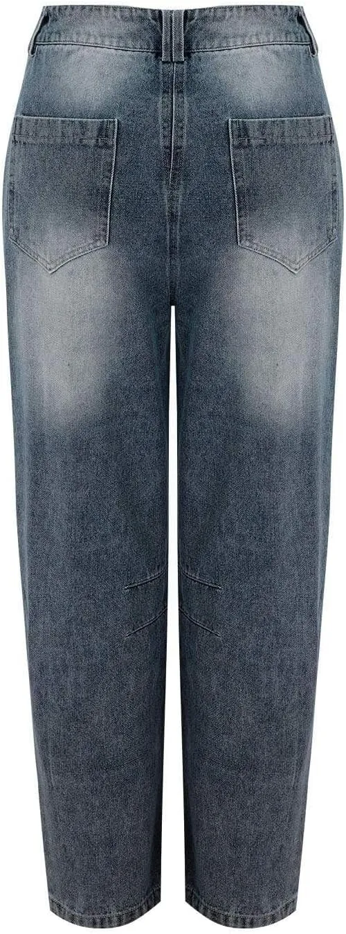 Barrel Jeans for Women Mid Rise Cropped Pants Wide Leg Cheetah Print Boyfriend Jeans Trendy Straight Leg Pants