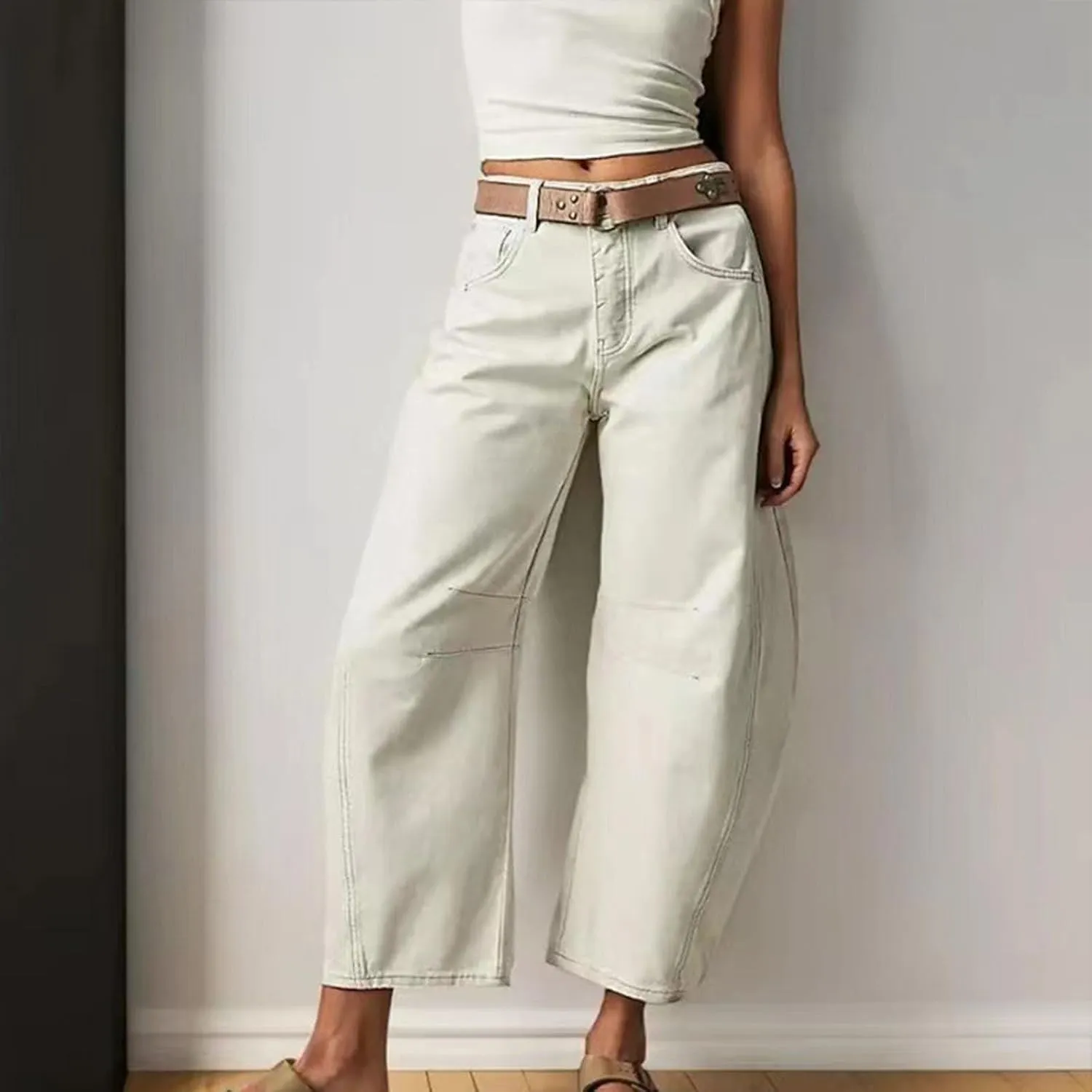 Barrel Jeans for Women Mid Rise Cropped Pants Wide Leg Cheetah Print Boyfriend Jeans Trendy Straight Leg Pants