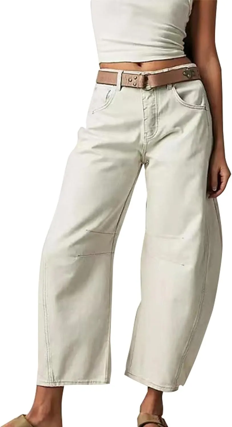 Barrel Jeans for Women Mid Rise Cropped Pants Wide Leg Cheetah Print Boyfriend Jeans Trendy Straight Leg Pants