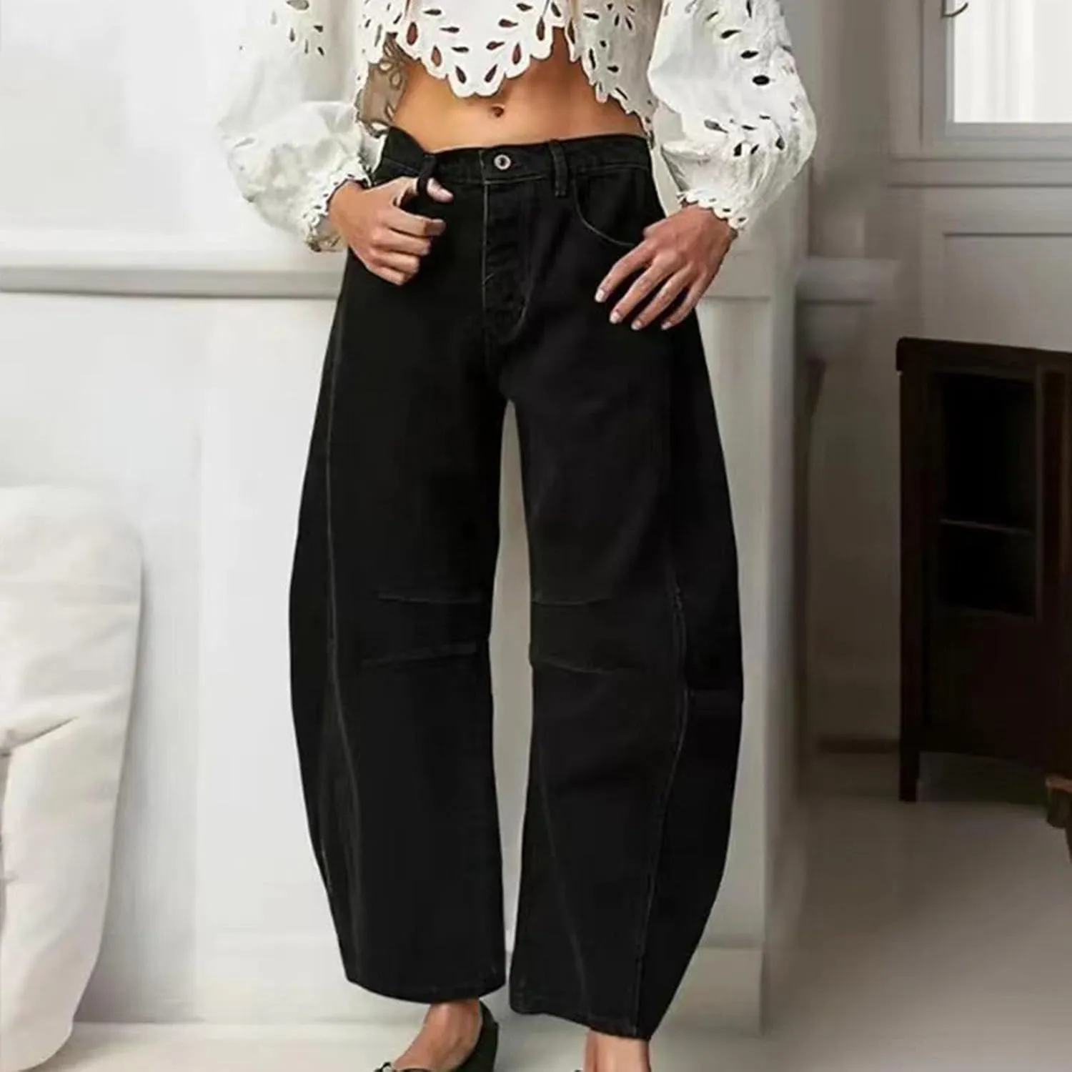 Barrel Jeans for Women Mid Rise Cropped Pants Wide Leg Cheetah Print Boyfriend Jeans Trendy Straight Leg Pants