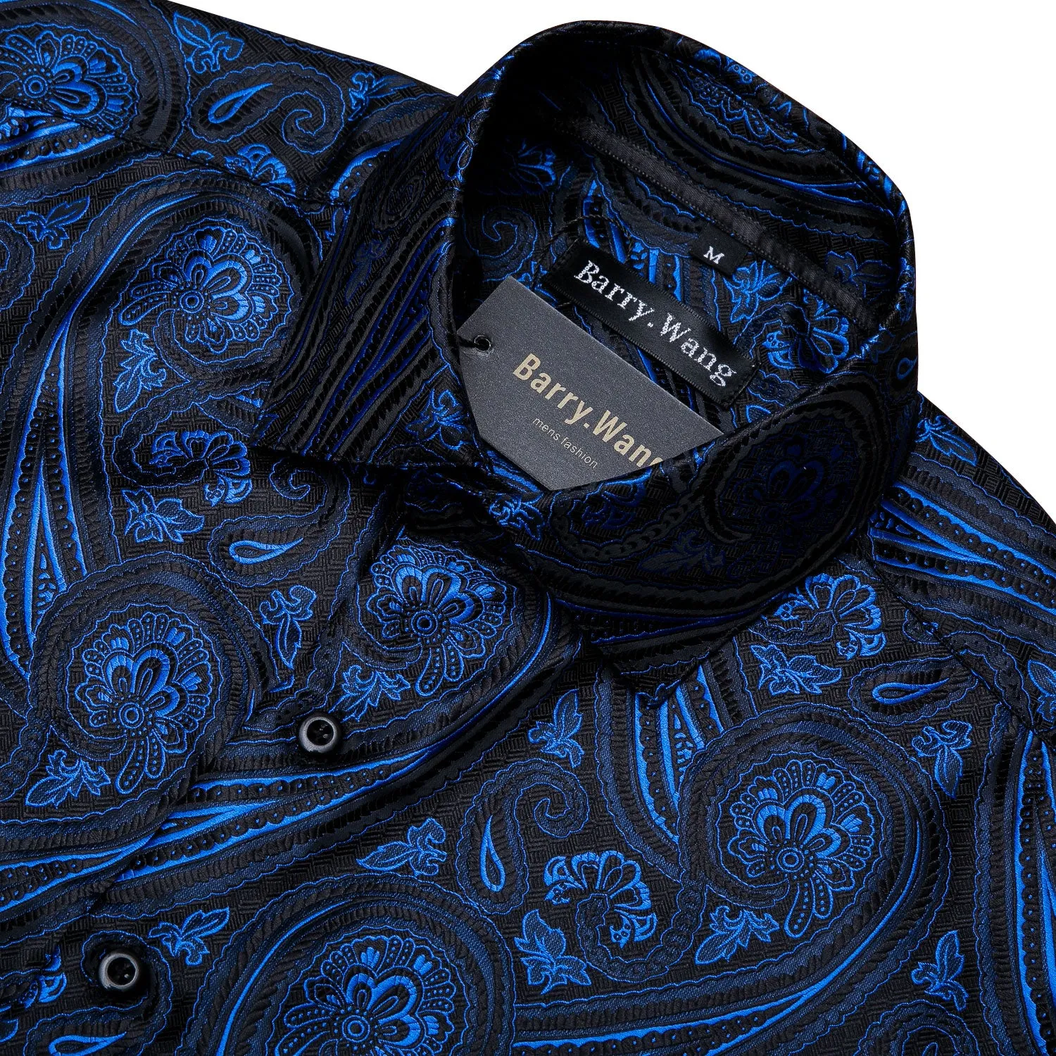 Barry Wang Blue Paisley Silk Tribal Long Sleeve Daily Plus Size Shirt