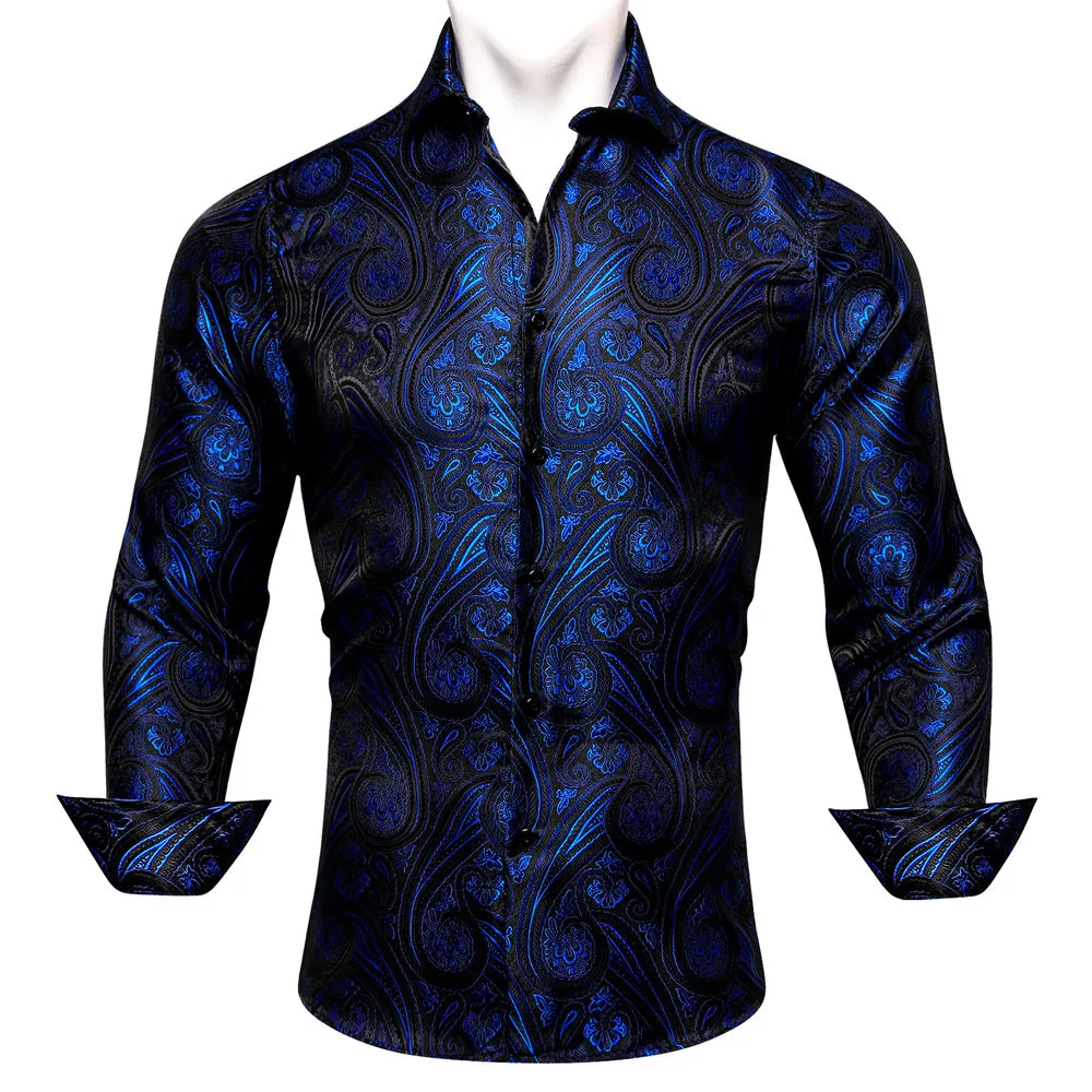 Barry Wang Blue Paisley Silk Tribal Long Sleeve Daily Plus Size Shirt