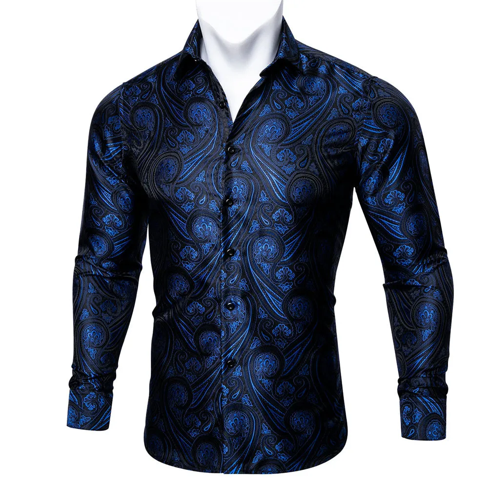Barry Wang Blue Paisley Silk Tribal Long Sleeve Daily Plus Size Shirt
