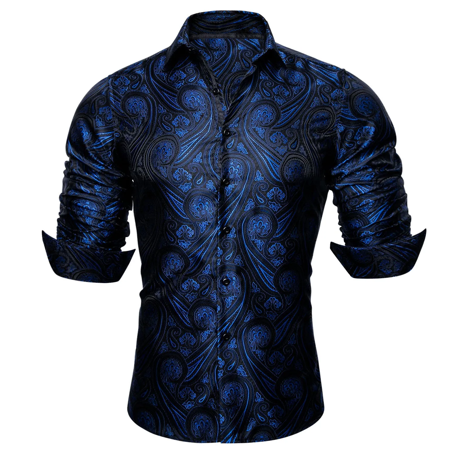Barry Wang Blue Paisley Silk Tribal Long Sleeve Daily Plus Size Shirt