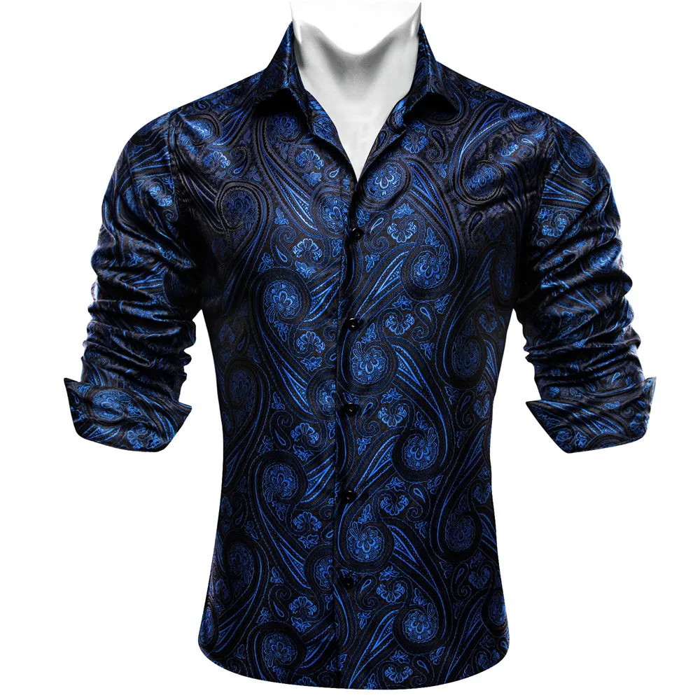 Barry Wang Blue Paisley Silk Tribal Long Sleeve Daily Plus Size Shirt