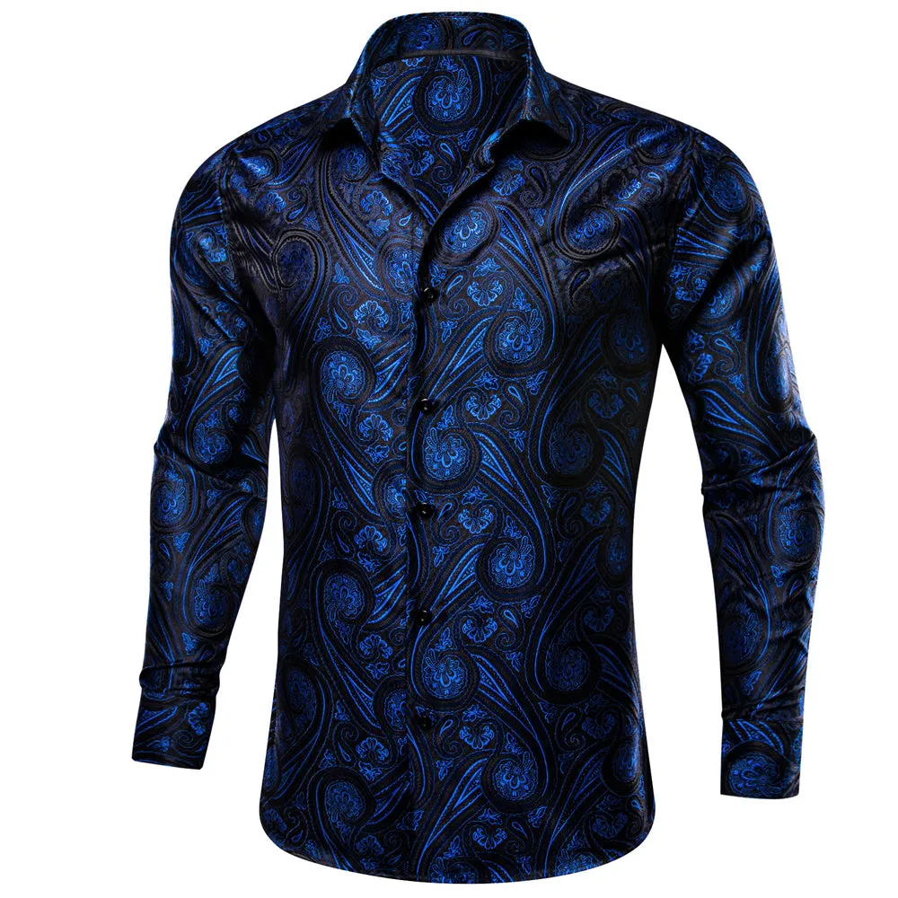 Barry Wang Blue Paisley Silk Tribal Long Sleeve Daily Plus Size Shirt
