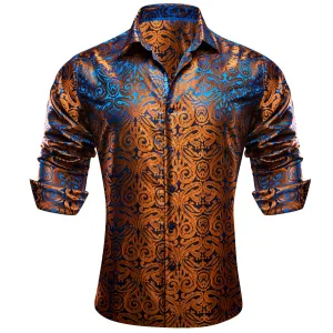 Barry Wang Bright Brown Blue Paisley Men's Silk Shirt Long Sleeve Shirt
