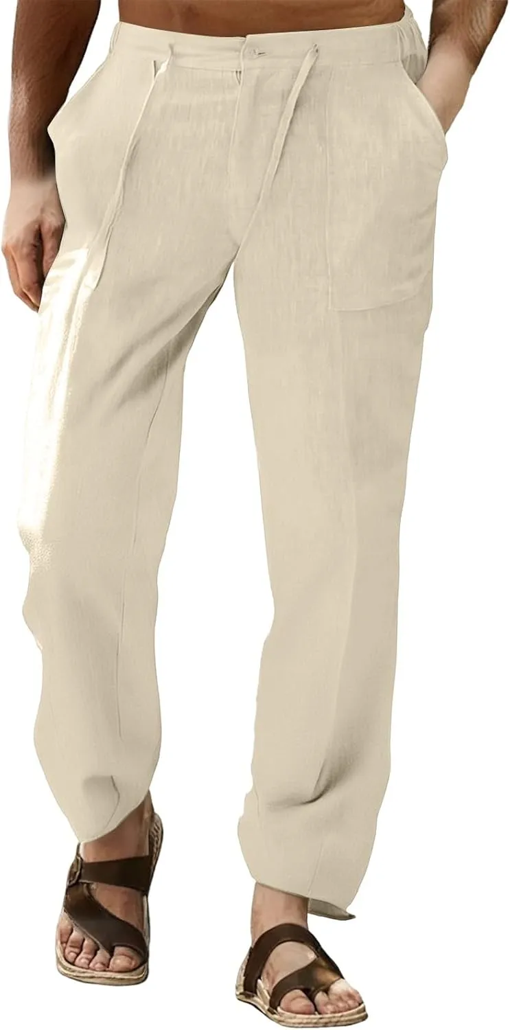 Beach Pants for Men Mens Summer Casual Linen Trouser Loose Fit Lightweight Straight-Legs Yoga Beach Long Pants