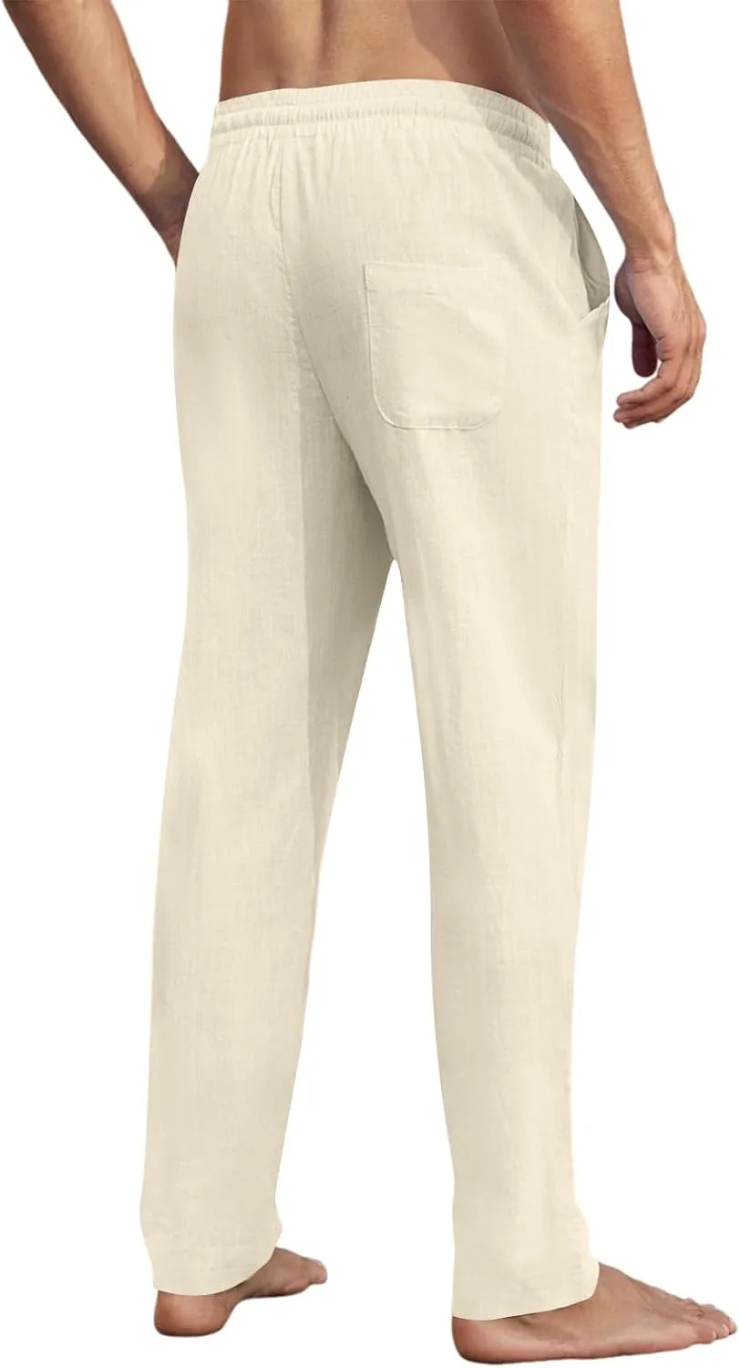 Beach Pants for Men Mens Summer Casual Linen Trouser Loose Fit Lightweight Straight-Legs Yoga Beach Long Pants