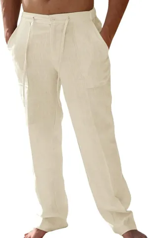 Beach Pants for Men Mens Summer Casual Linen Trouser Loose Fit Lightweight Straight-Legs Yoga Beach Long Pants