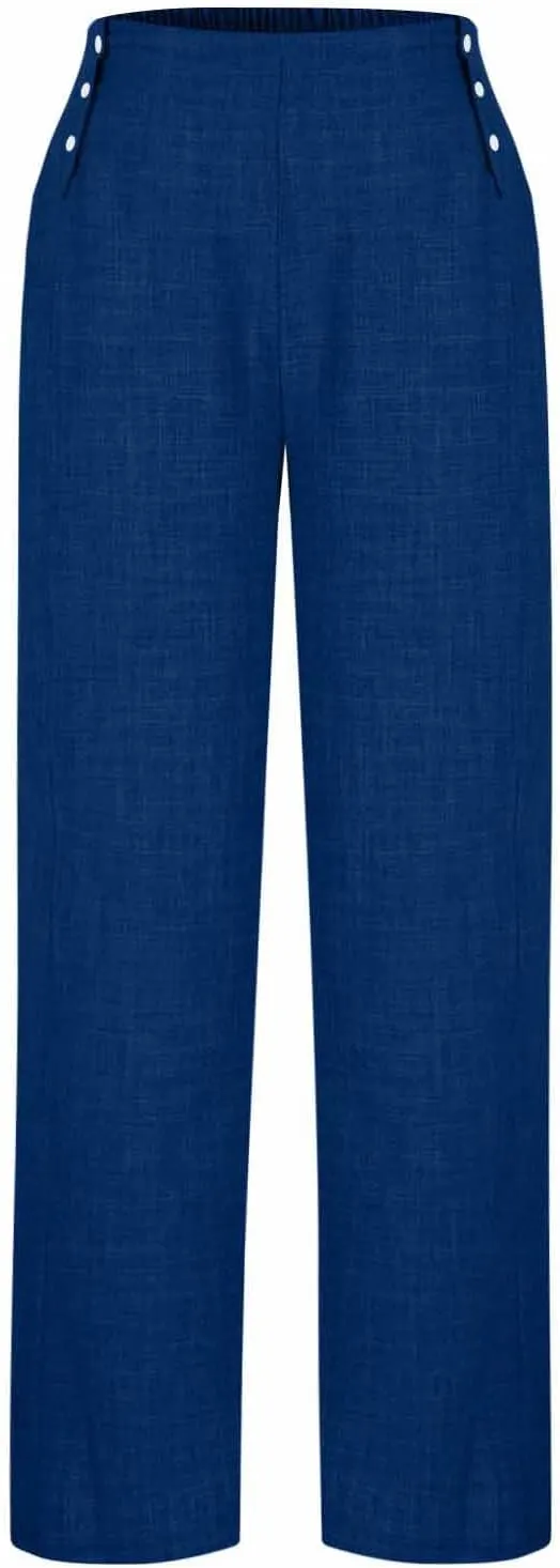 Bidobibo Linen Pants for Women Loose High Waisted Palazzo Pants Belted Wide Leg Trousers with Pockets Summer Beach Trousers