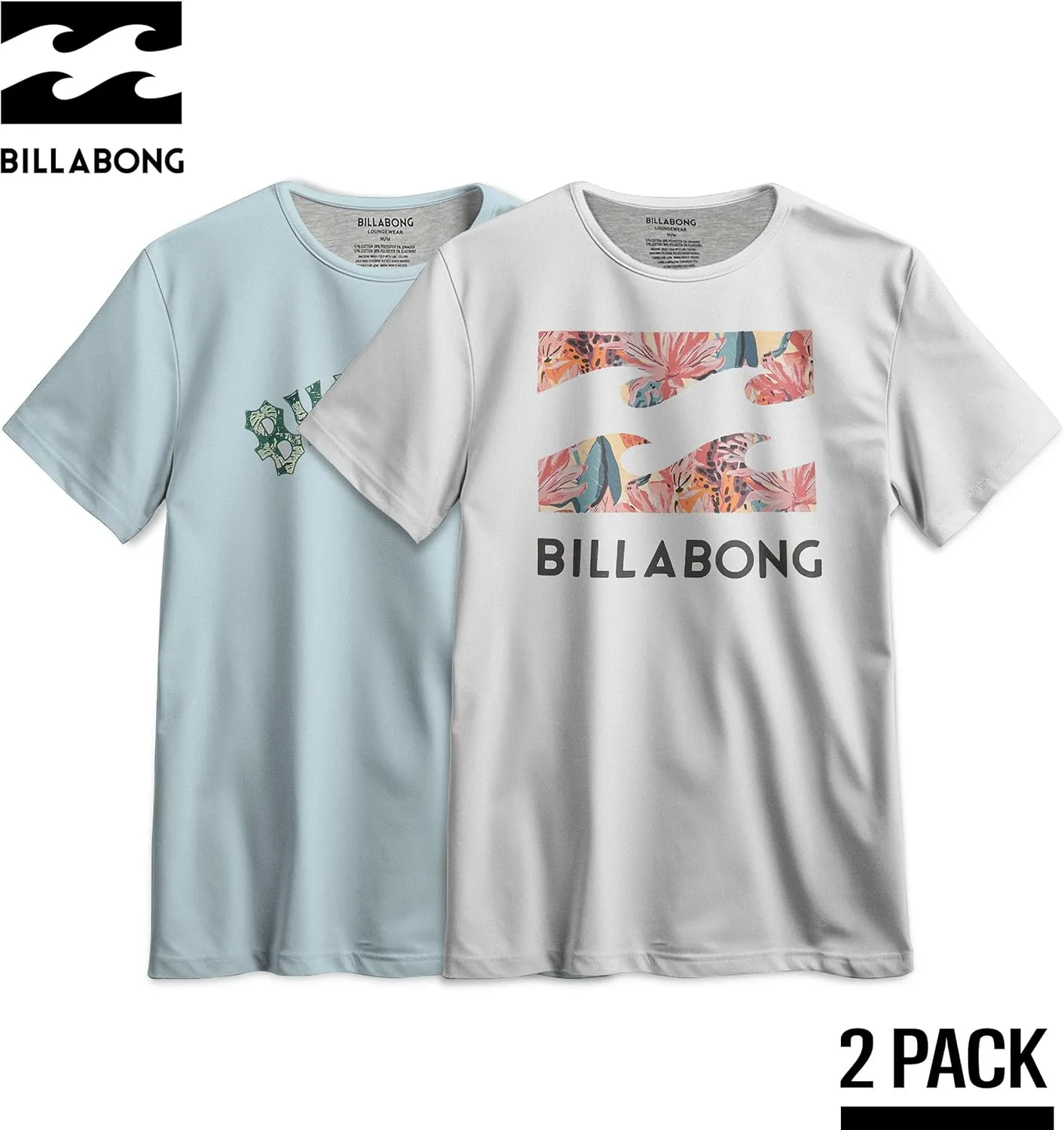 Billabong Mens 2 Pack Short Sleeve Lounge Crew Tee Graphic Lounge Wear Crewneck
