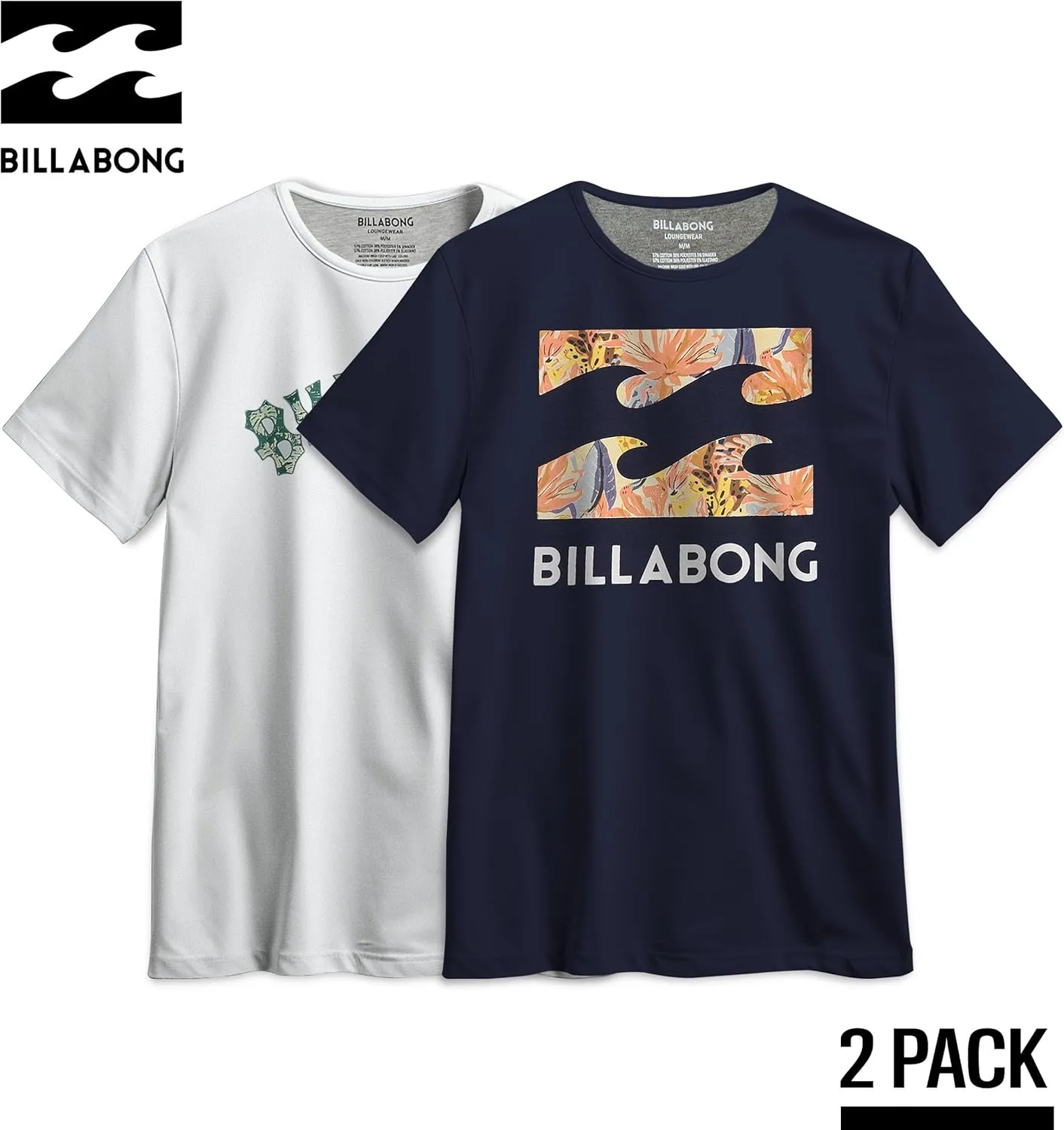 Billabong Mens 2 Pack Short Sleeve Lounge Crew Tee Graphic Lounge Wear Crewneck