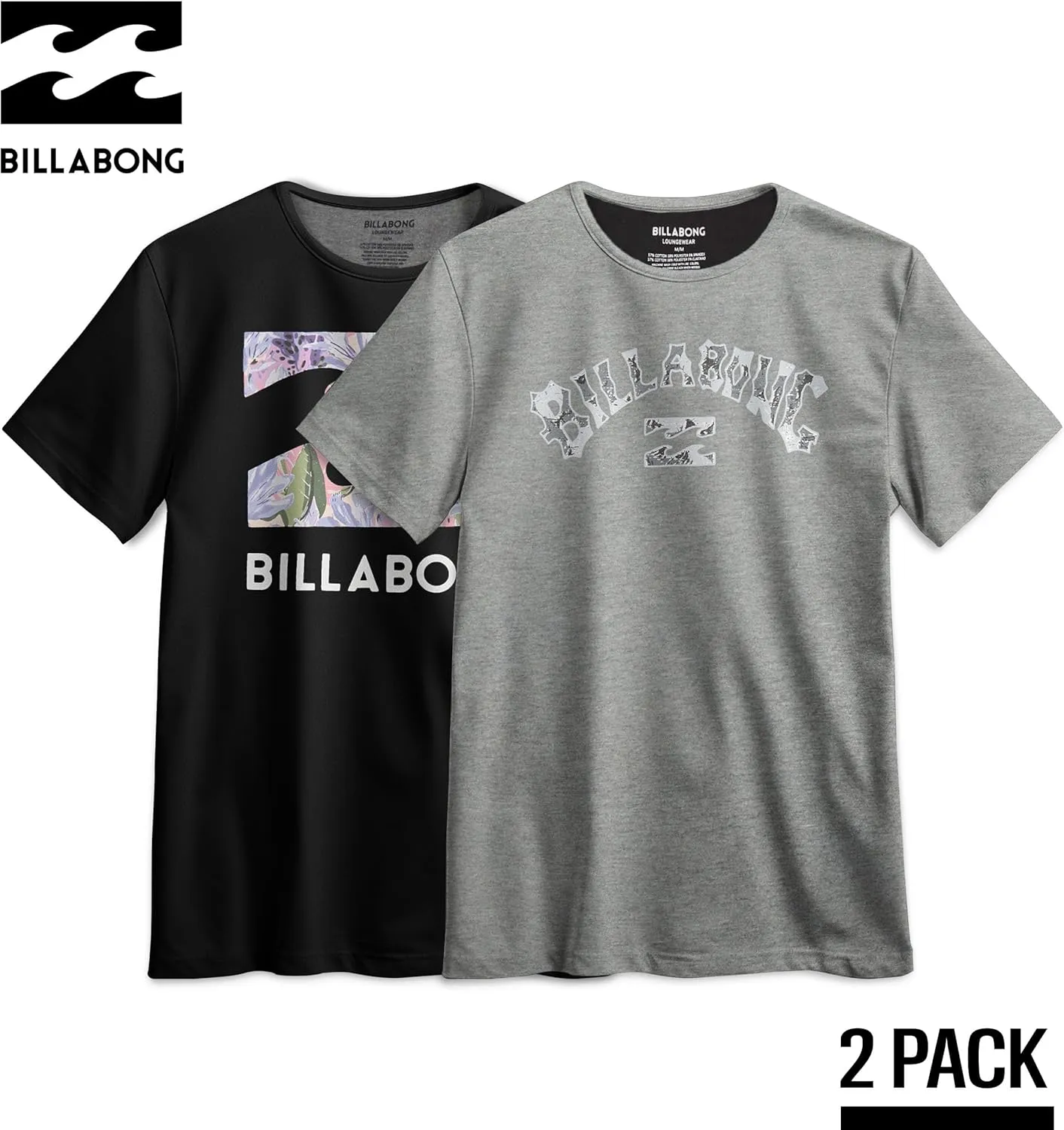 Billabong Mens 2 Pack Short Sleeve Lounge Crew Tee Graphic Lounge Wear Crewneck