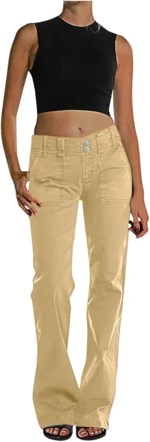 Binmer Women's Casual Mid Waist Cargo Jeans Fashion Stretch Wide Leg Denim Pants with Pockets Flare Bellbottom Trousers 2025