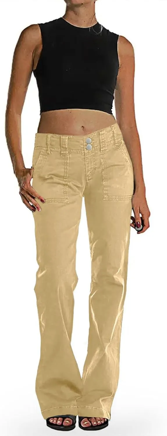 Binmer Women's Casual Mid Waist Cargo Jeans Fashion Stretch Wide Leg Denim Pants with Pockets Flare Bellbottom Trousers 2025