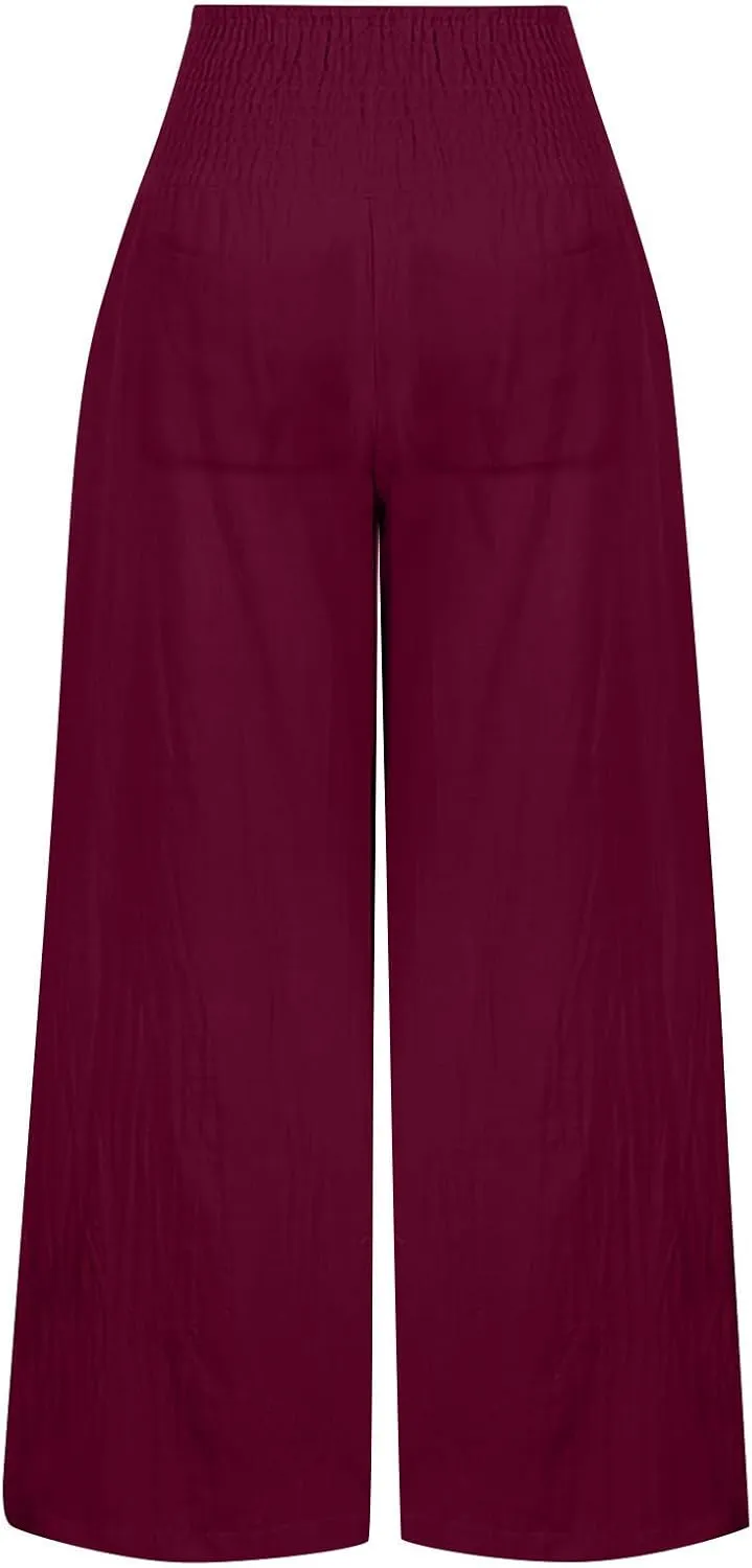 Binmer Women's Linen Pants Casual Loose Elastic High Waist Wide Leg Palazzo Pants Summer Beach Vacation Lounge Trousers 2024