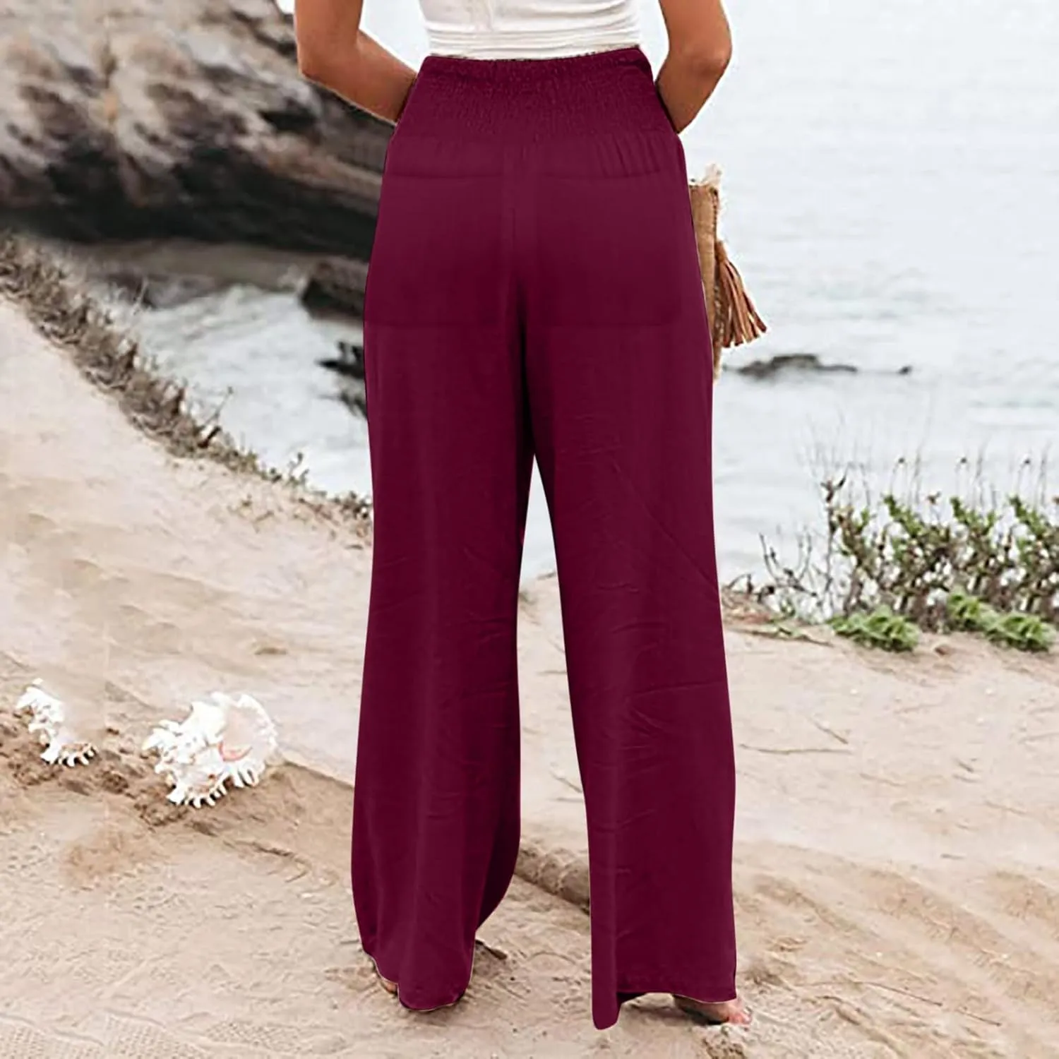 Binmer Women's Linen Pants Casual Loose Elastic High Waist Wide Leg Palazzo Pants Summer Beach Vacation Lounge Trousers 2024
