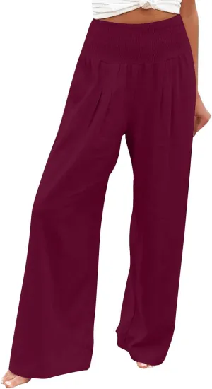 Binmer Women's Linen Pants Casual Loose Elastic High Waist Wide Leg Palazzo Pants Summer Beach Vacation Lounge Trousers 2024