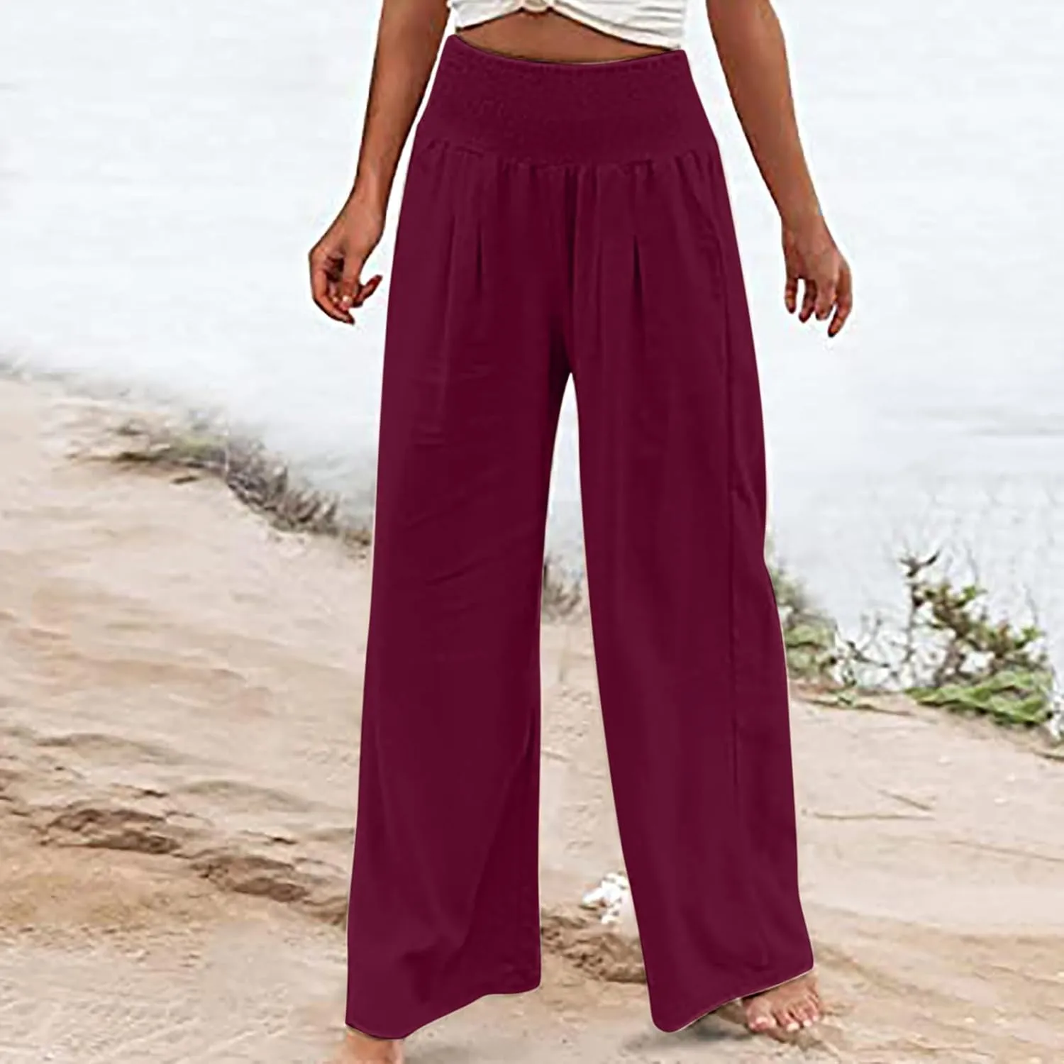 Binmer Women's Linen Pants Casual Loose Elastic High Waist Wide Leg Palazzo Pants Summer Beach Vacation Lounge Trousers 2024